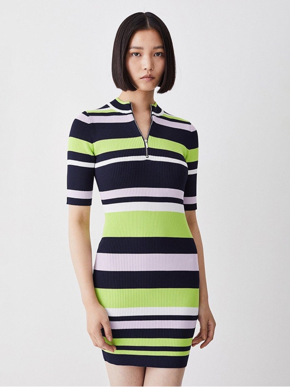 Karen Millen Ribbed Stretch Viscose Blend Zip Short Sleeve Mini Dress Green Navy